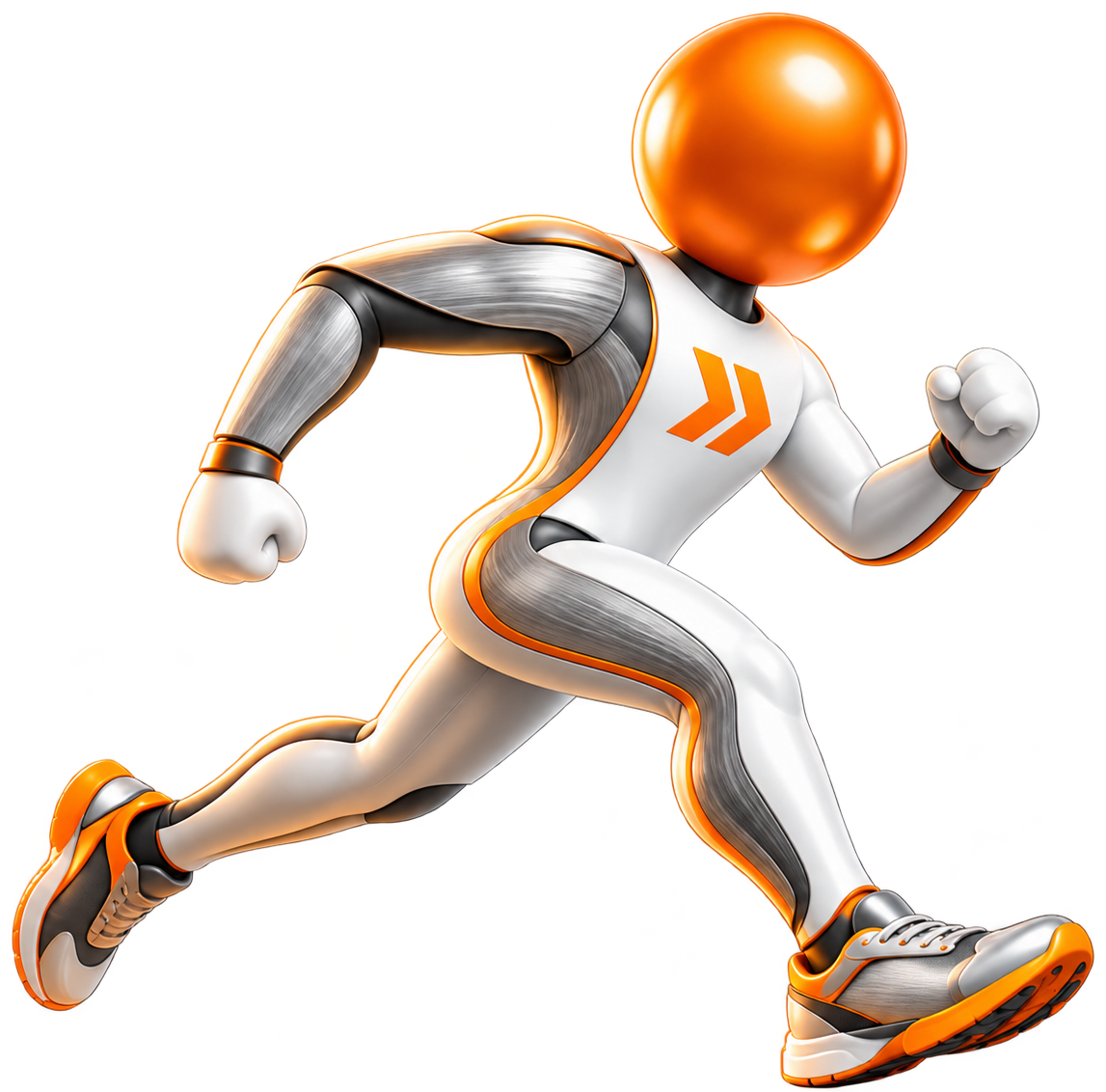Mascote MoveMetals: robô corredor branco e laranja