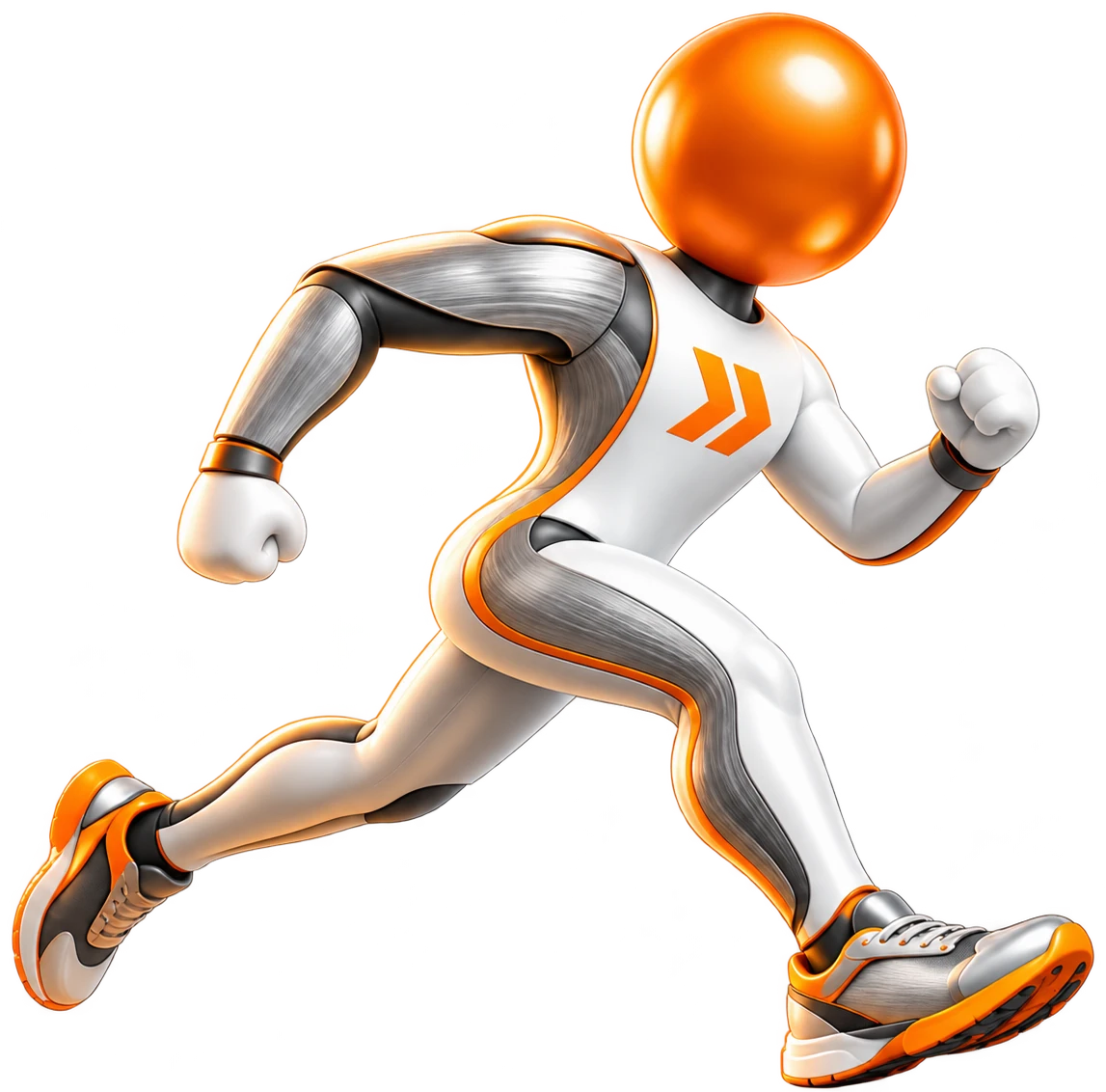 Mascote MoveMetals: robô corredor branco e laranja